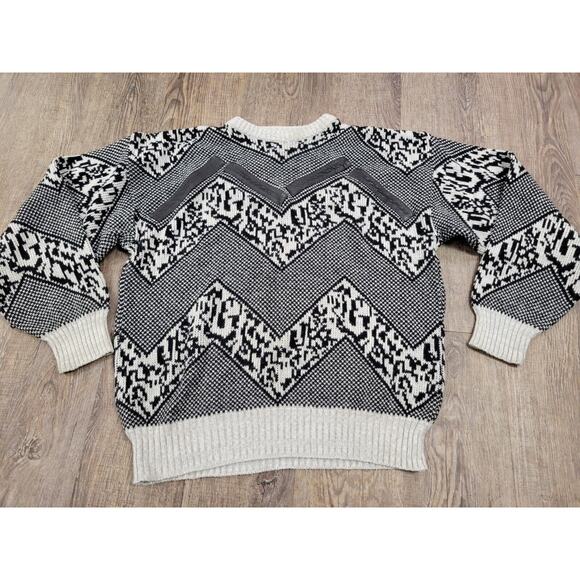 Vintage Chartwell Sweater Mens M Black Gray Crewneck Leather Trim Geometric - Picture 1 of 5